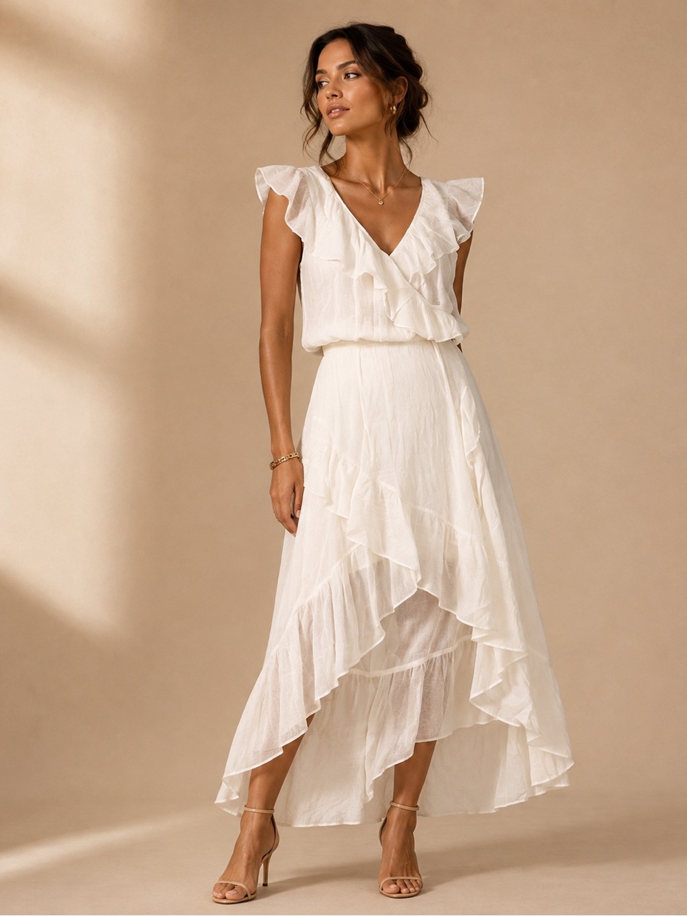Entro White Ruffle High Low Maxi Dress Romantic Coastal Bridal S